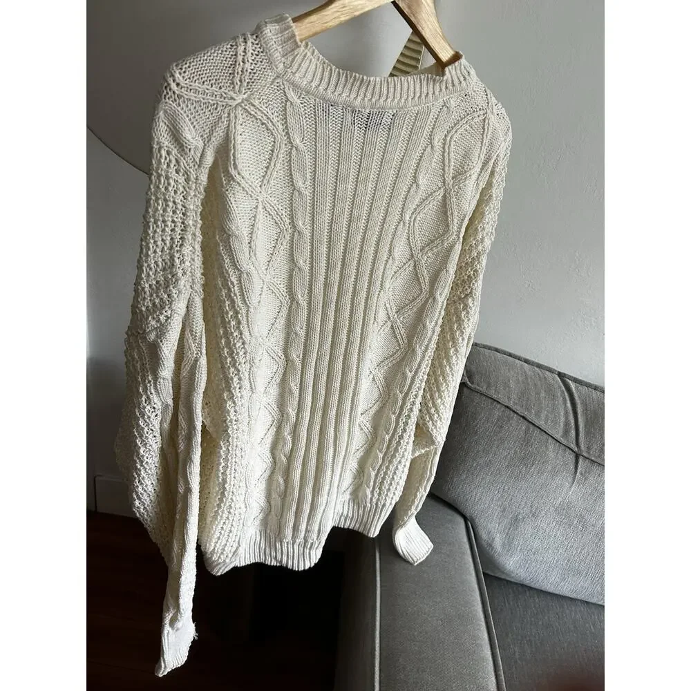Vtg Fisherman Sweater Men's M Cream Oversized Cable Knit Chunky Pullover 90s